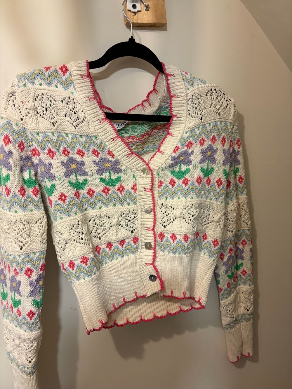 Zara Cream Knit Cardigan with Pink Trim and Pastel Floral Fair Isle